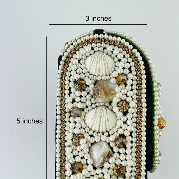 Women Summer Seashells Suede CZ Stones Clutch Bag Purse Wrist Crossbody Strap - Picture 7 of 7